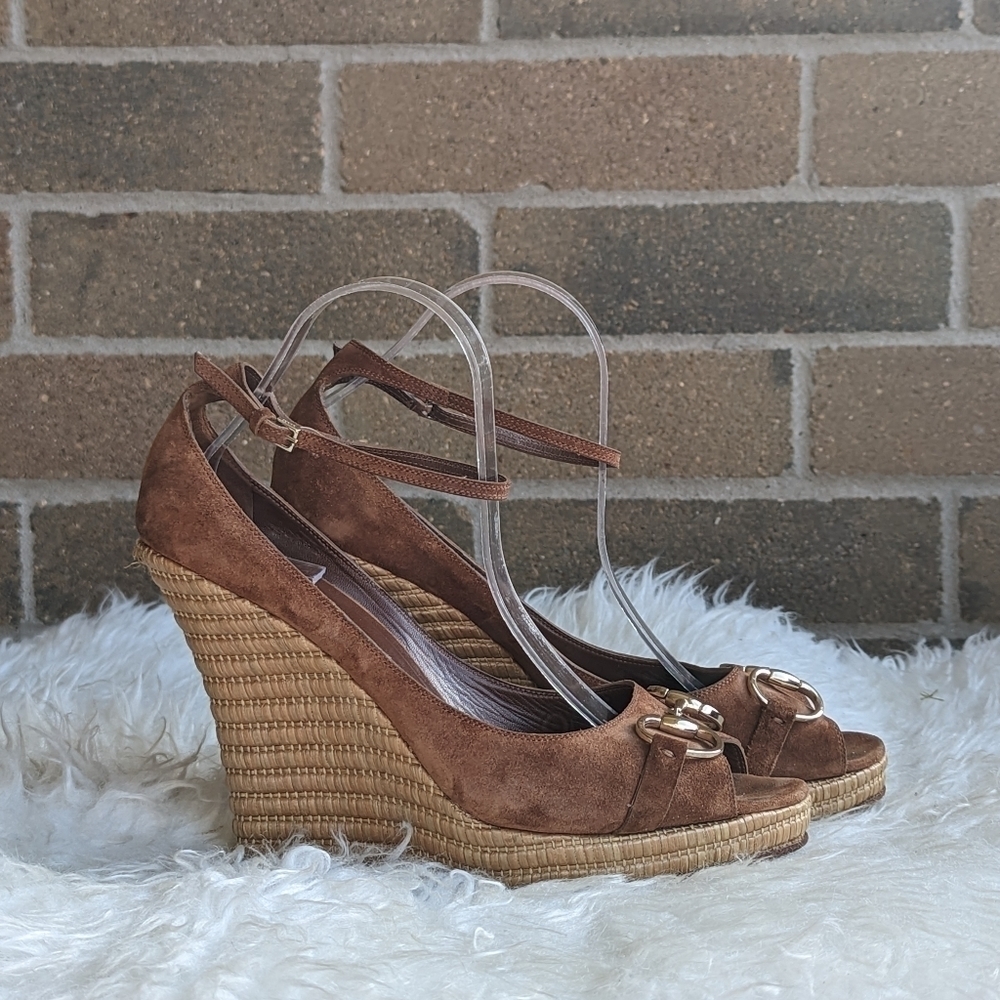 GUCCI Horsebit Wedge Espadrille Sandals